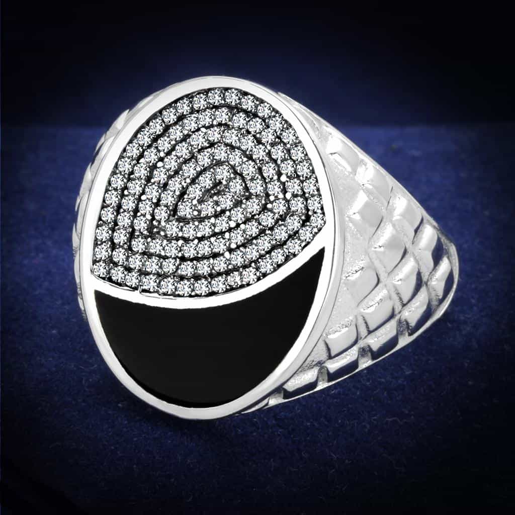 Sterling Silver Black Onyx CZ Pave Spiral Dome Signet Ring view 1