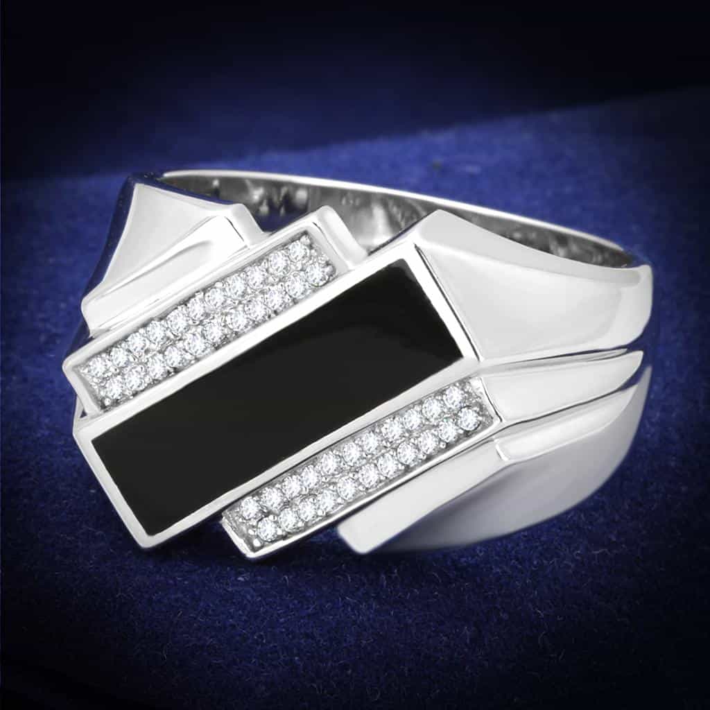 Sterling Silver Black Onyx CZ Pave Angular Signet Ring view 1