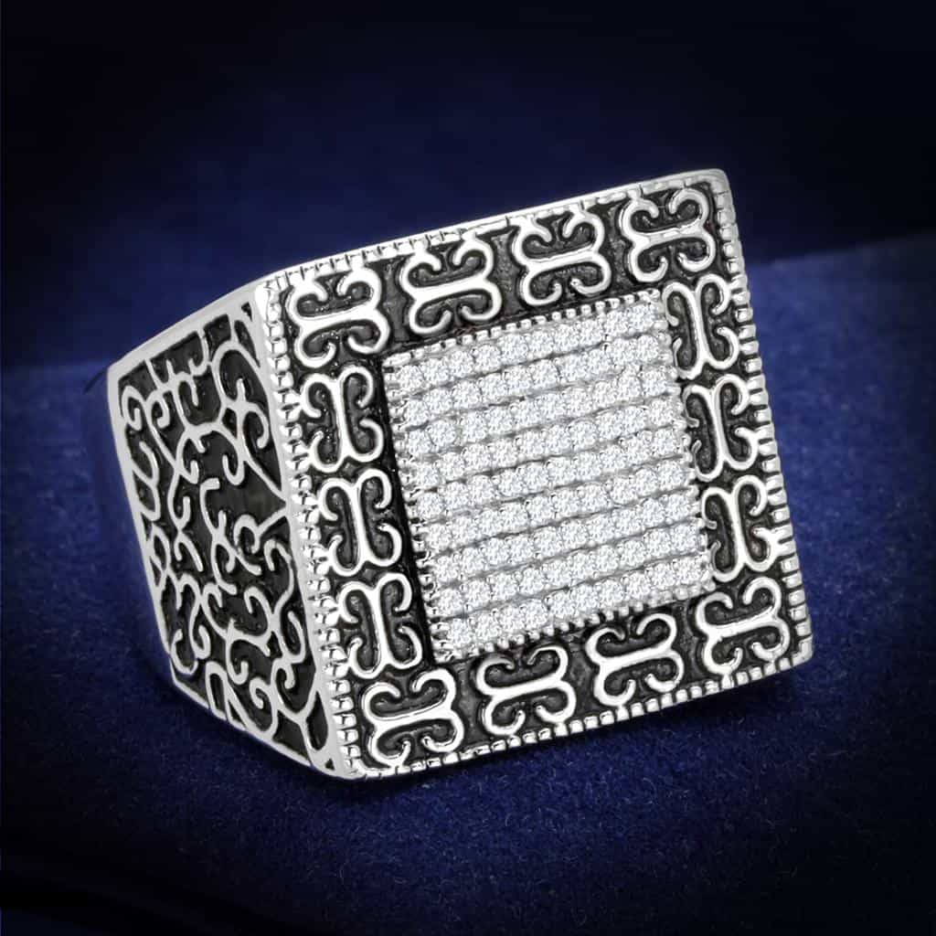 Sterling Silver CZ Pave Square Filigree Large Signet Ring view 1