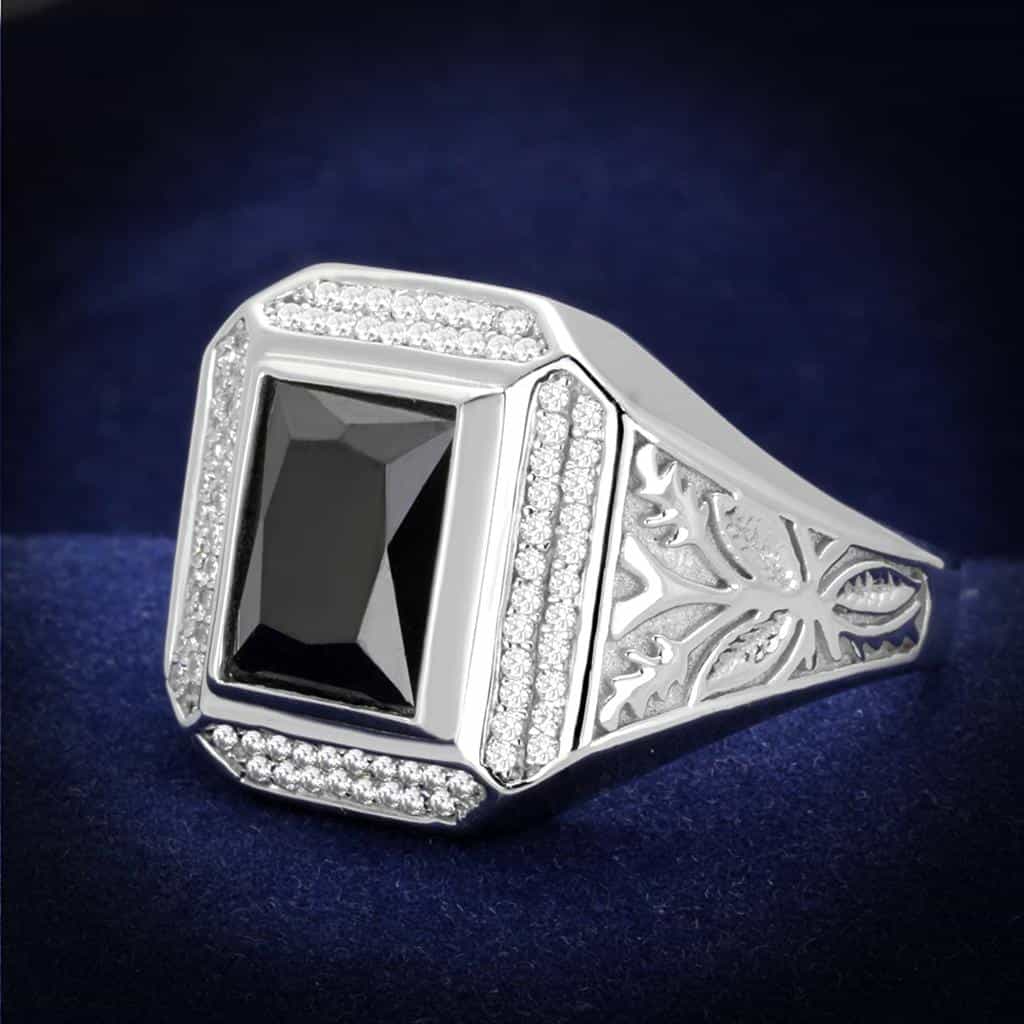 Sterling Silver Black CZ Emerald Cut Halo Filigree Signet Ring view 1