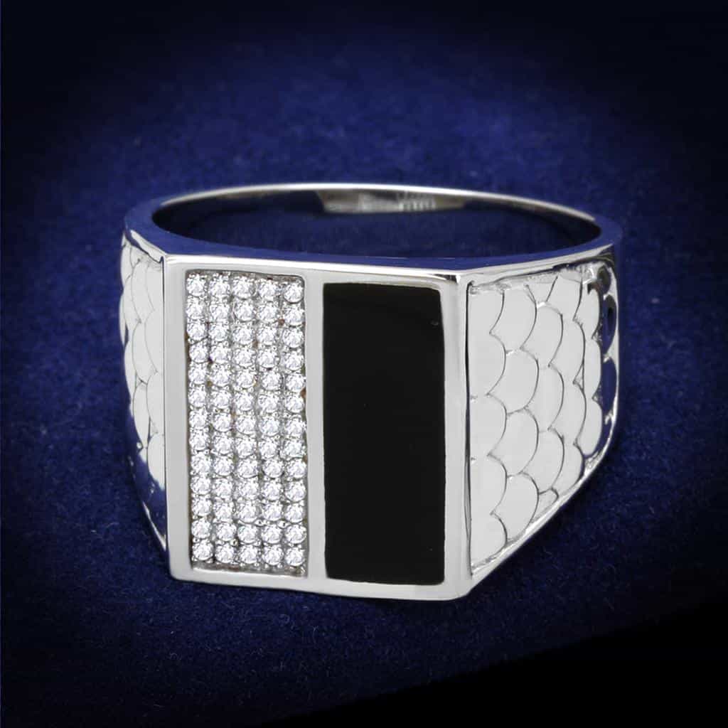 Sterling Silver Black Onyx CZ Pave Stripe Flat Signet Ring view 6