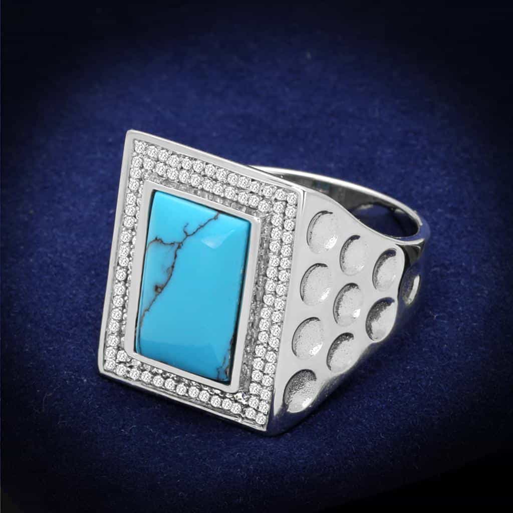Sterling Silver Turquoise CZ Pave Rectangle Bubble Signet Ring view 1