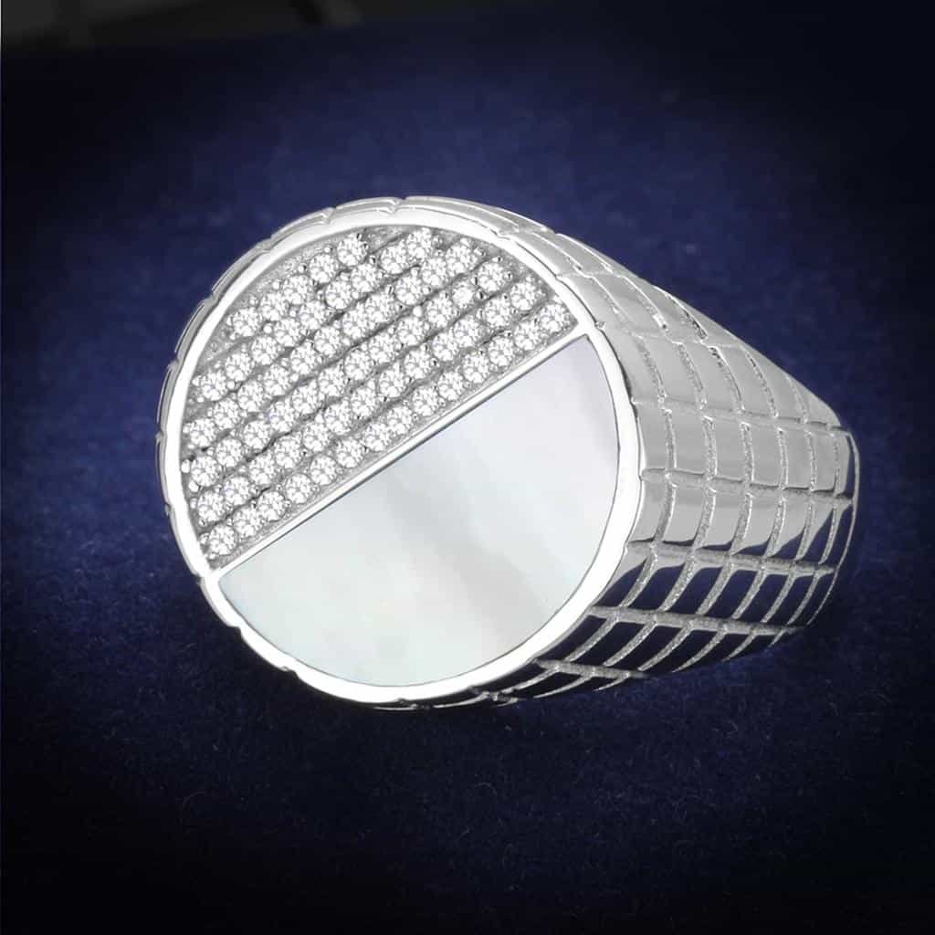 Sterling Silver CZ Pave Round Half Moon Dome Signet Ring view 1