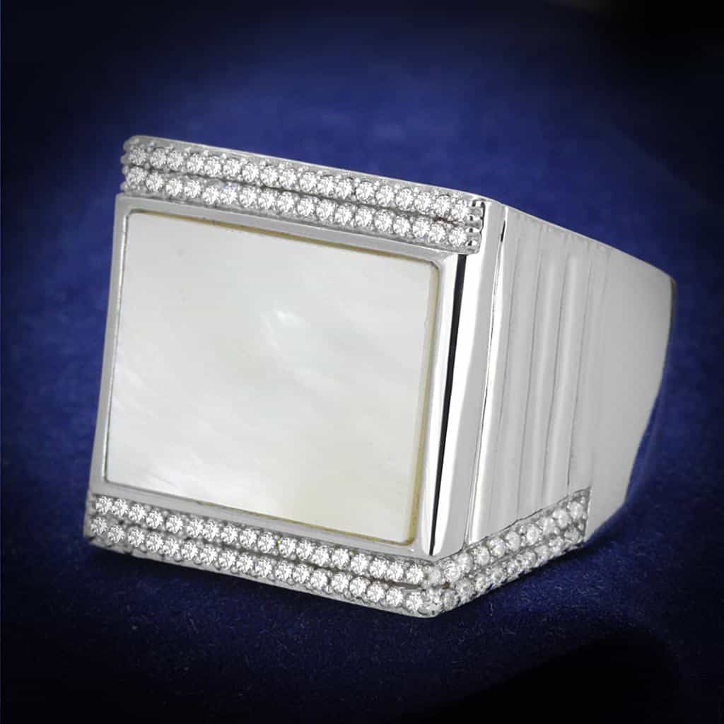 Sterling Silver Mother of Pearl CZ Pave Rectangle Signet Ring view 1