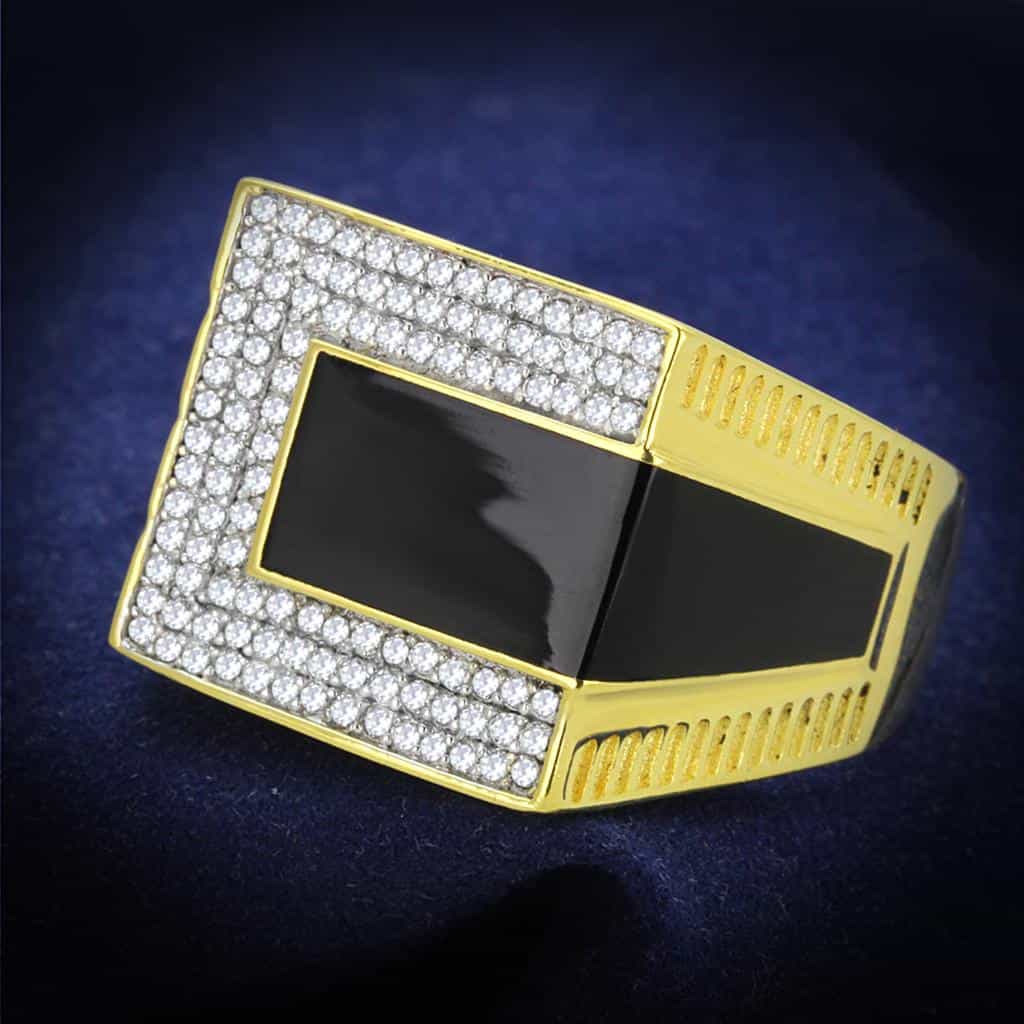 Sterling Silver Gold Two Tone Black Onyx CZ Pave Rectangle Ring view 1