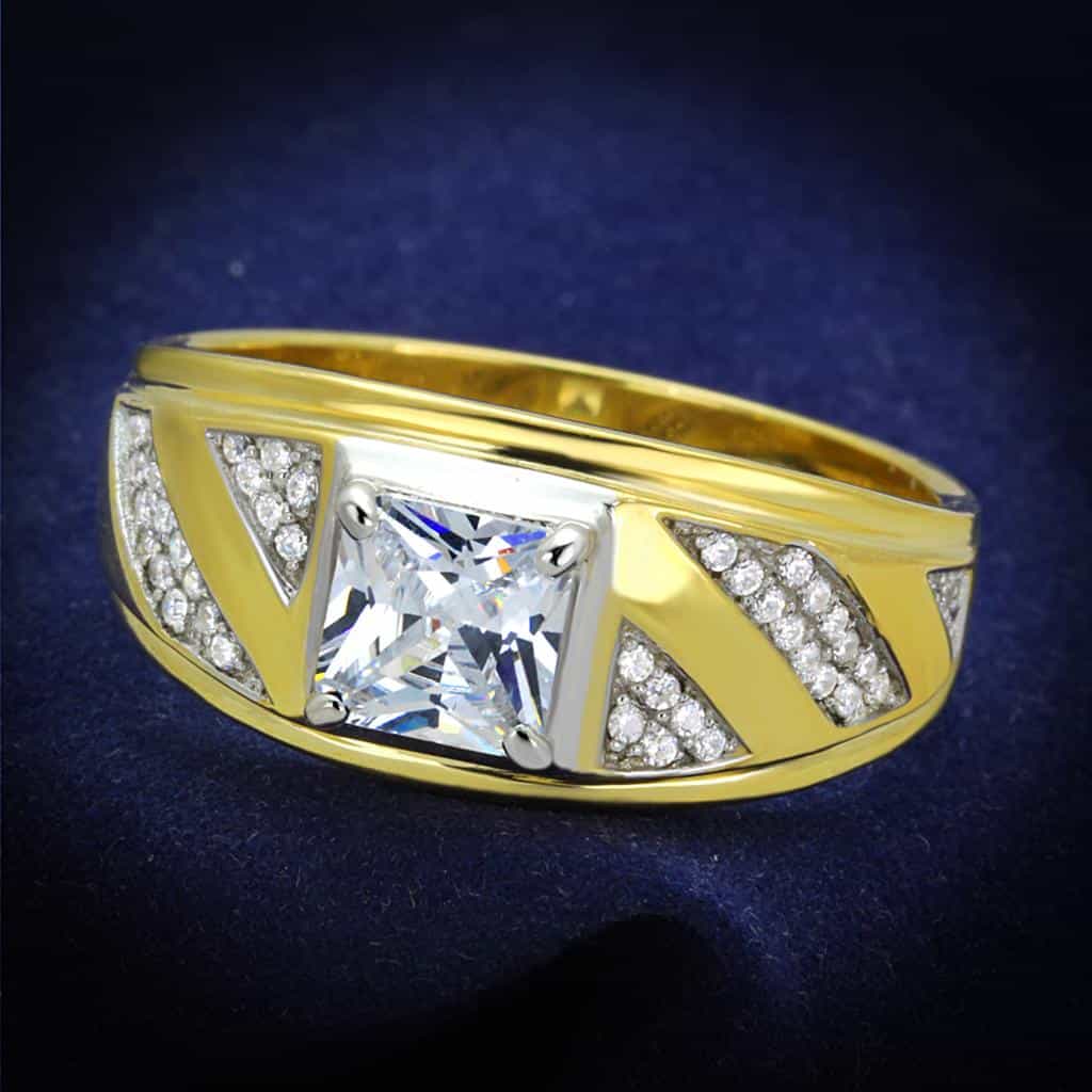 Sterling Silver Gold Two Tone CZ Princess V Arrow Signet Ring view 1
