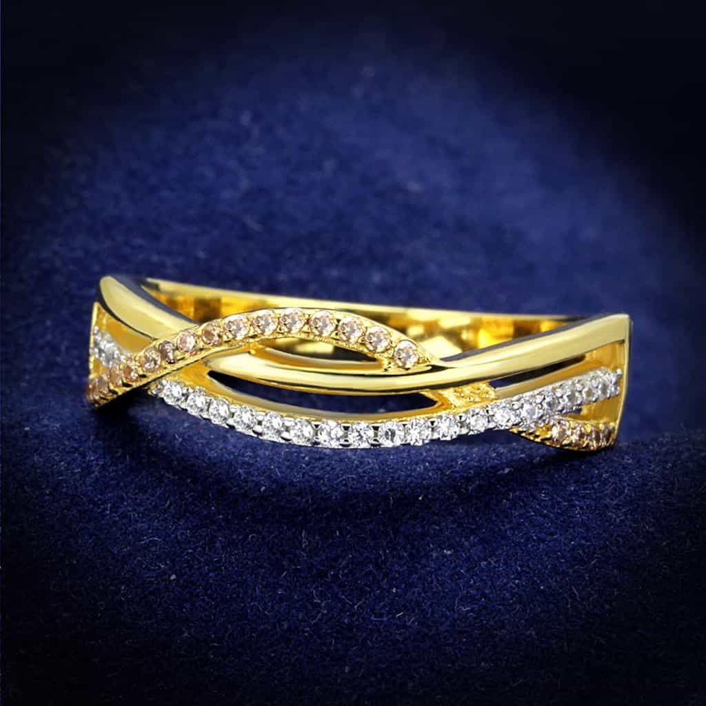 Sterling Silver Gold Two Tone CZ Wave Crossover Pave Ring view 1