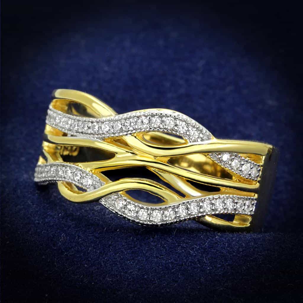 Sterling Silver Gold Two Tone CZ Wave Vine Crossover Wide Ring view 1