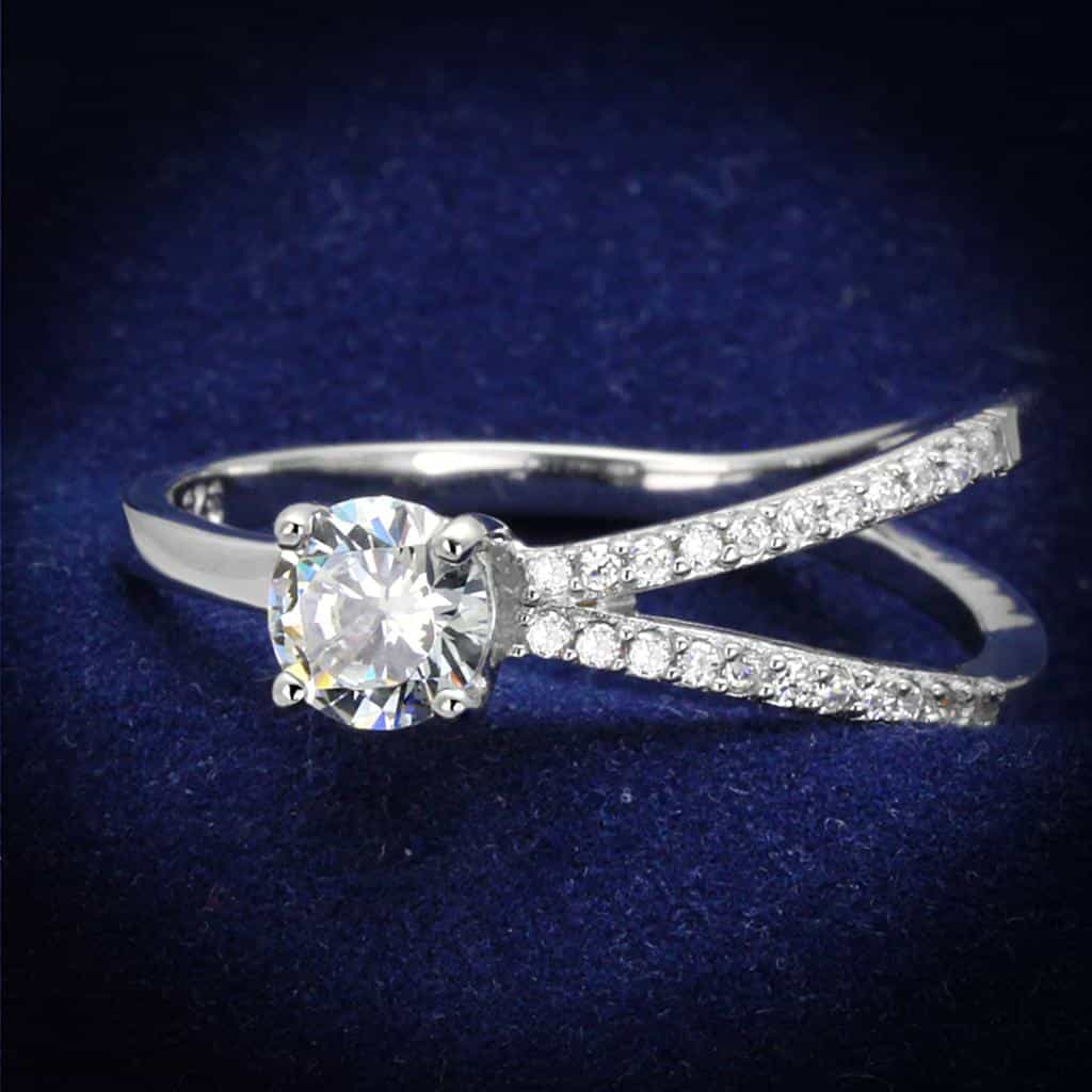 Sterling Silver CZ Round Split Shank Crossover Pave Ring view 1