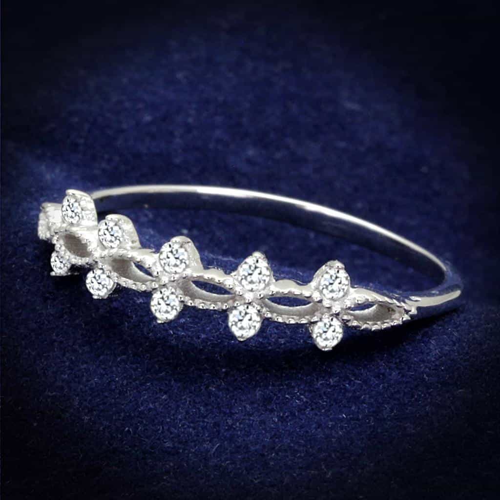 Sterling Silver CZ Flower Daisy Chain Thin Band Ring view 1