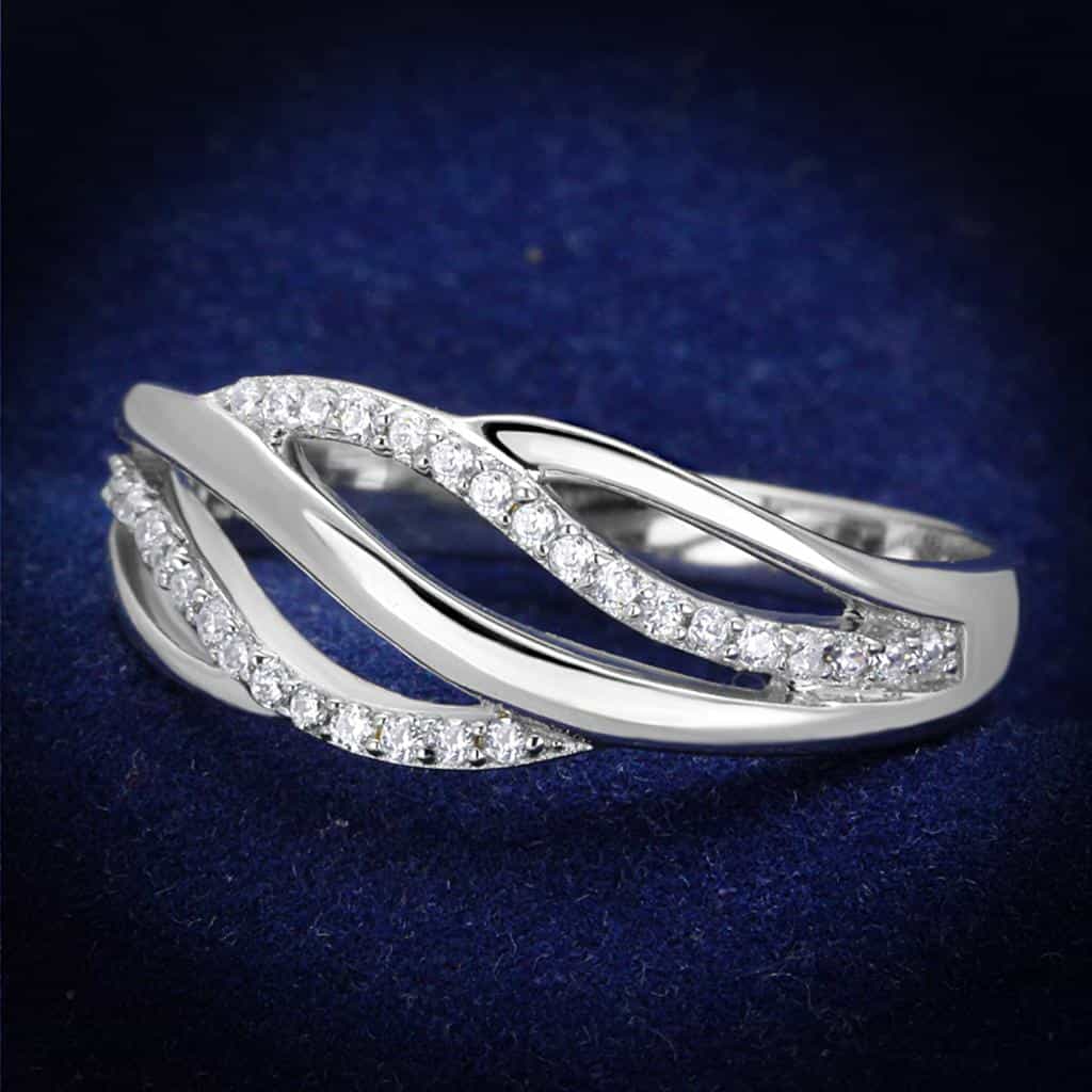 Sterling Silver CZ Wave Ribbon Pave Bypass Ring view 1