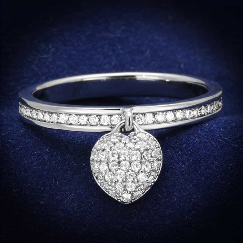 Sterling Silver CZ Pave Heart Charm Dangly Thin Ring view 1