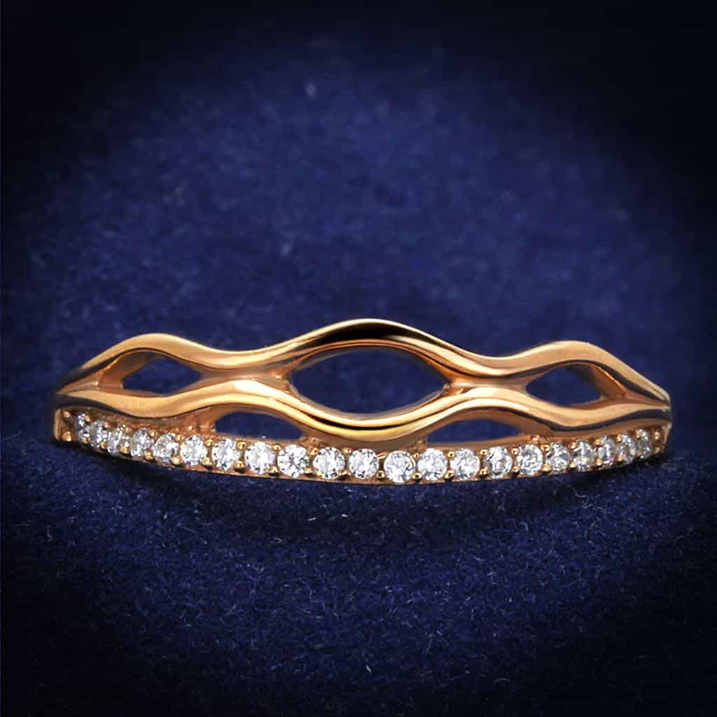 Sterling Silver Rose Gold CZ Wave Scallop Thin Ring view 1