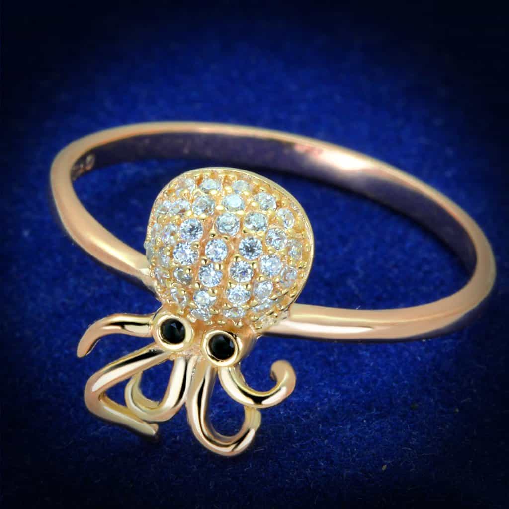Sterling Silver Rose Gold CZ Pave Octopus 3D Ring view 1