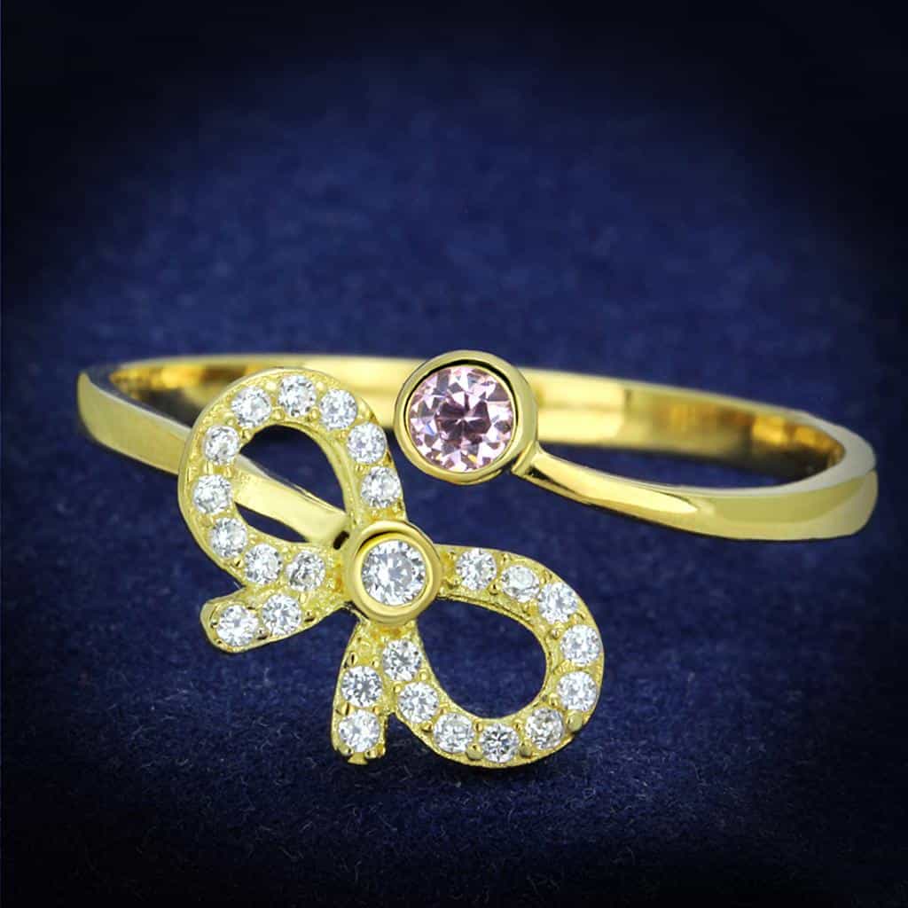 Sterling Silver Gold Two Tone Pink CZ Bow Ribbon Ring view 1