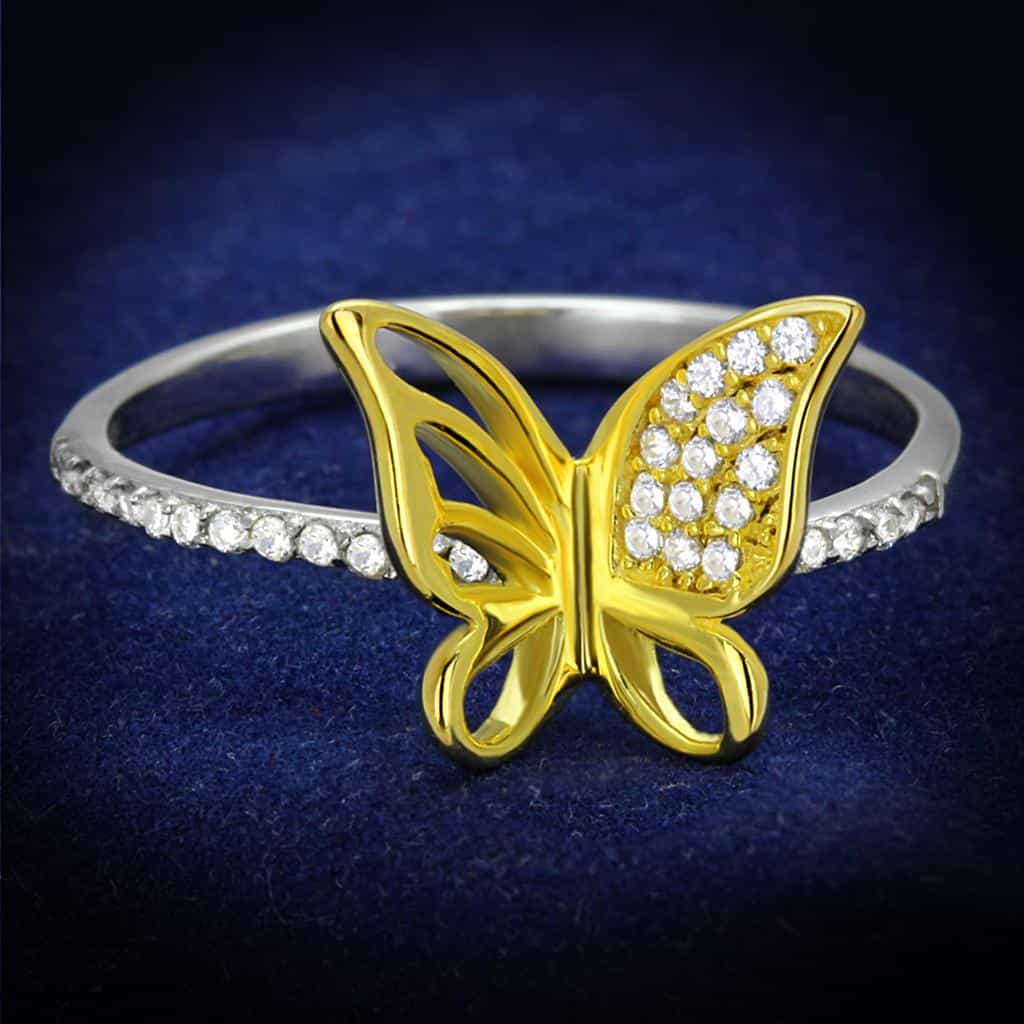 Sterling Silver Gold Two Tone CZ Pave Butterfly Open Ring view 1
