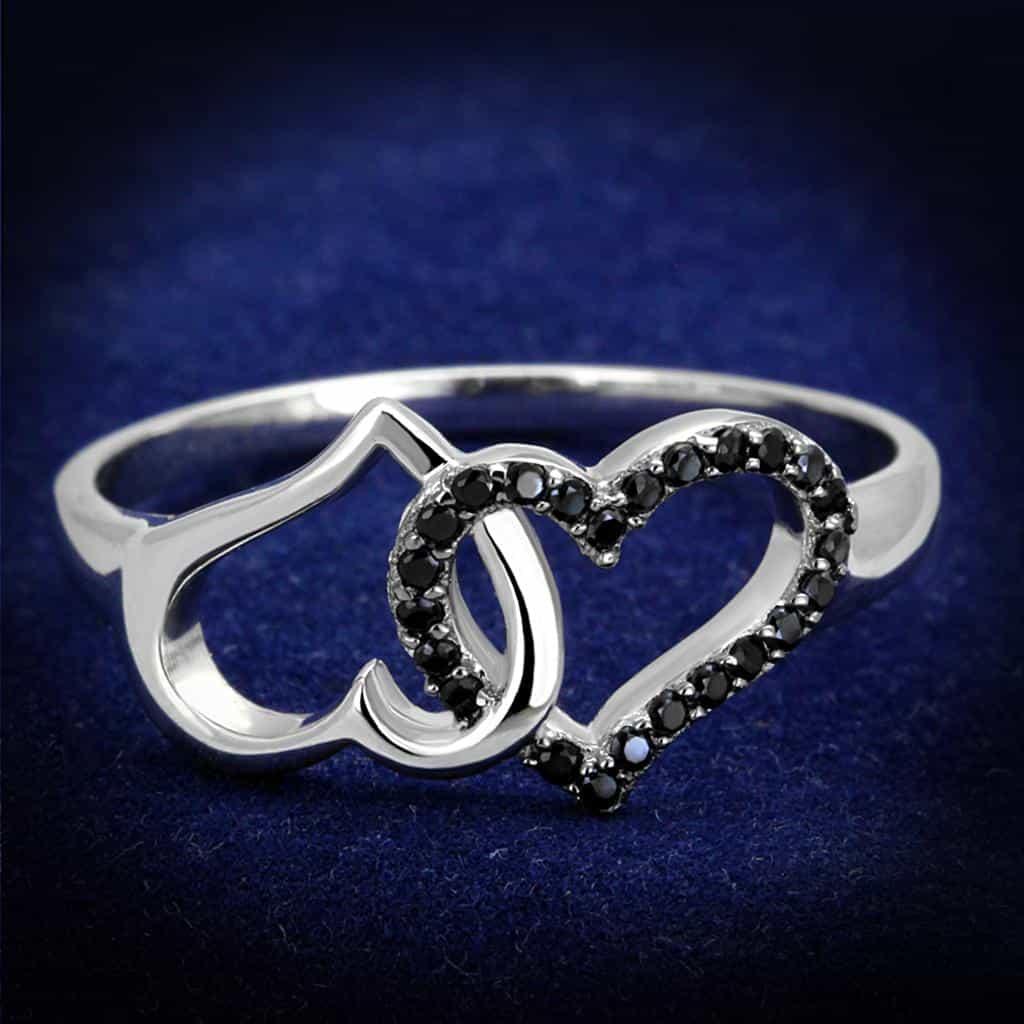 Sterling Silver Black CZ Double Heart Open Ring view 6