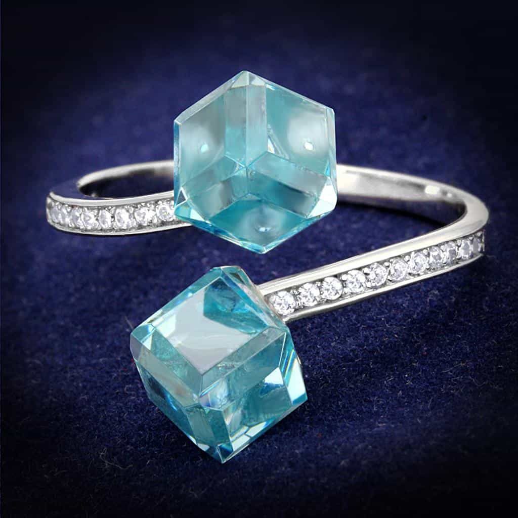 Sterling Silver Aqua CZ Raw Hexagon Crystal Pave Ring view 1