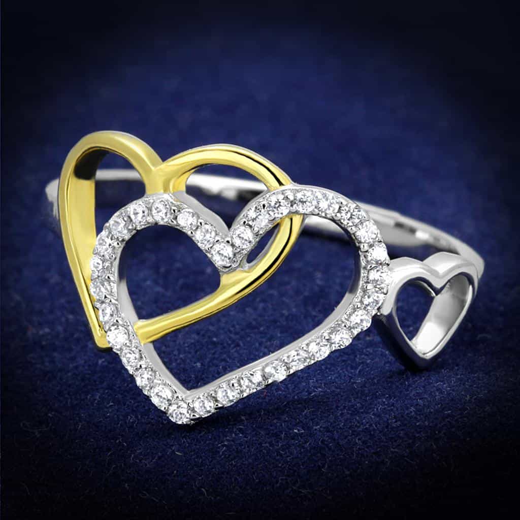 Sterling Silver Gold Two Tone CZ Pave Heart Open Ring view 1