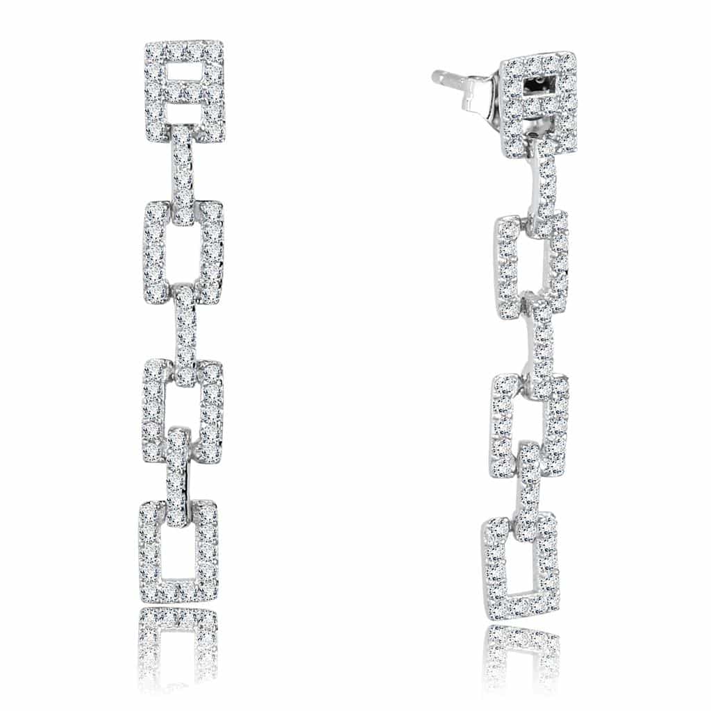 Sterling Silver CZ Pave Rectangle Chain Link Long Drop Earrings view 1