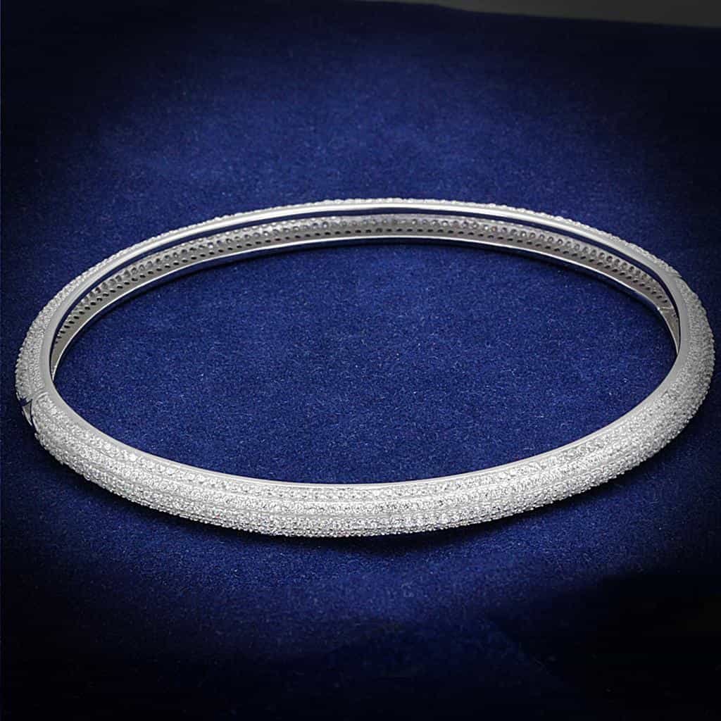 Sterling Silver CZ Pave Milgrain Thin Bangle Bracelet view 1