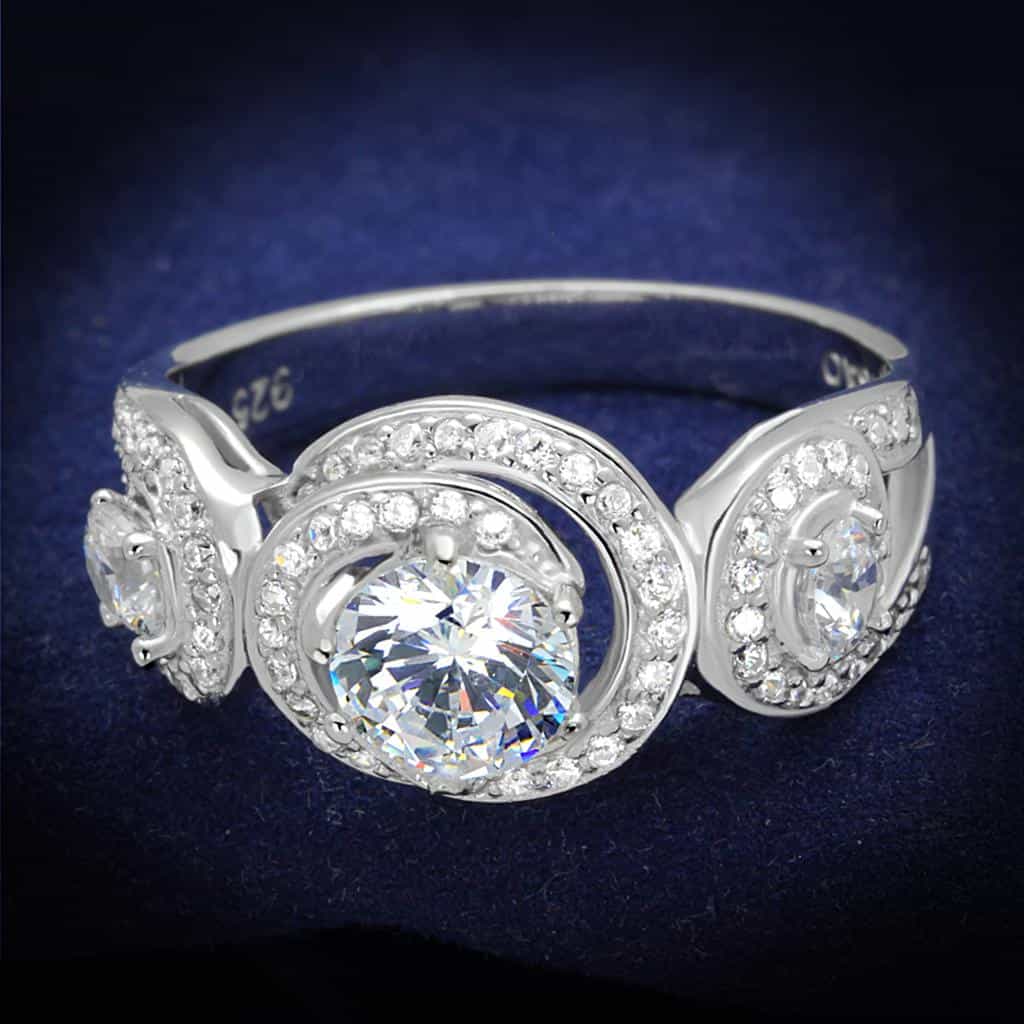 Sterling Silver CZ Round Bezel Halo Flower Pave Ring view 1