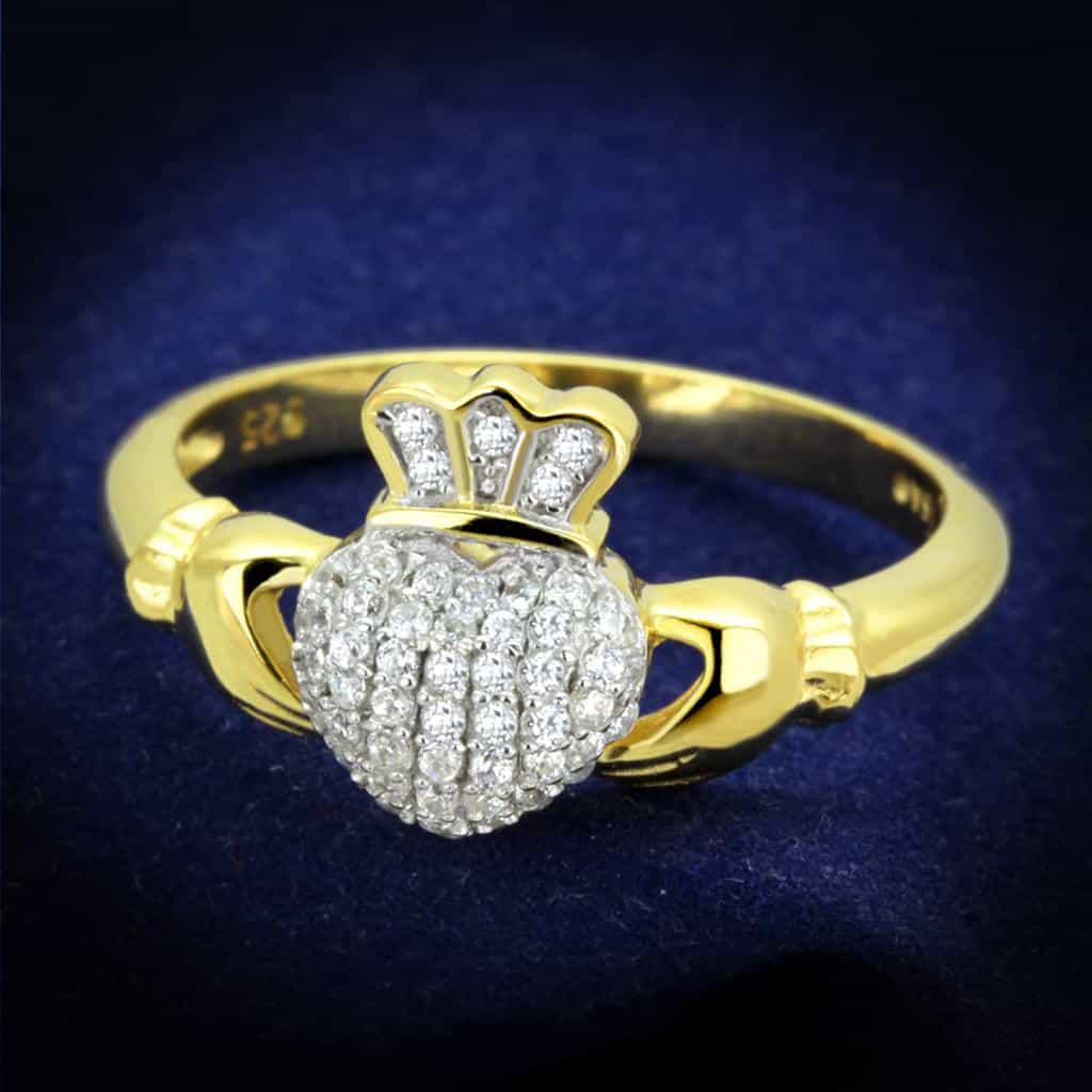 Sterling Silver Gold Two Tone CZ Claddagh Crown Heart Ring view 1