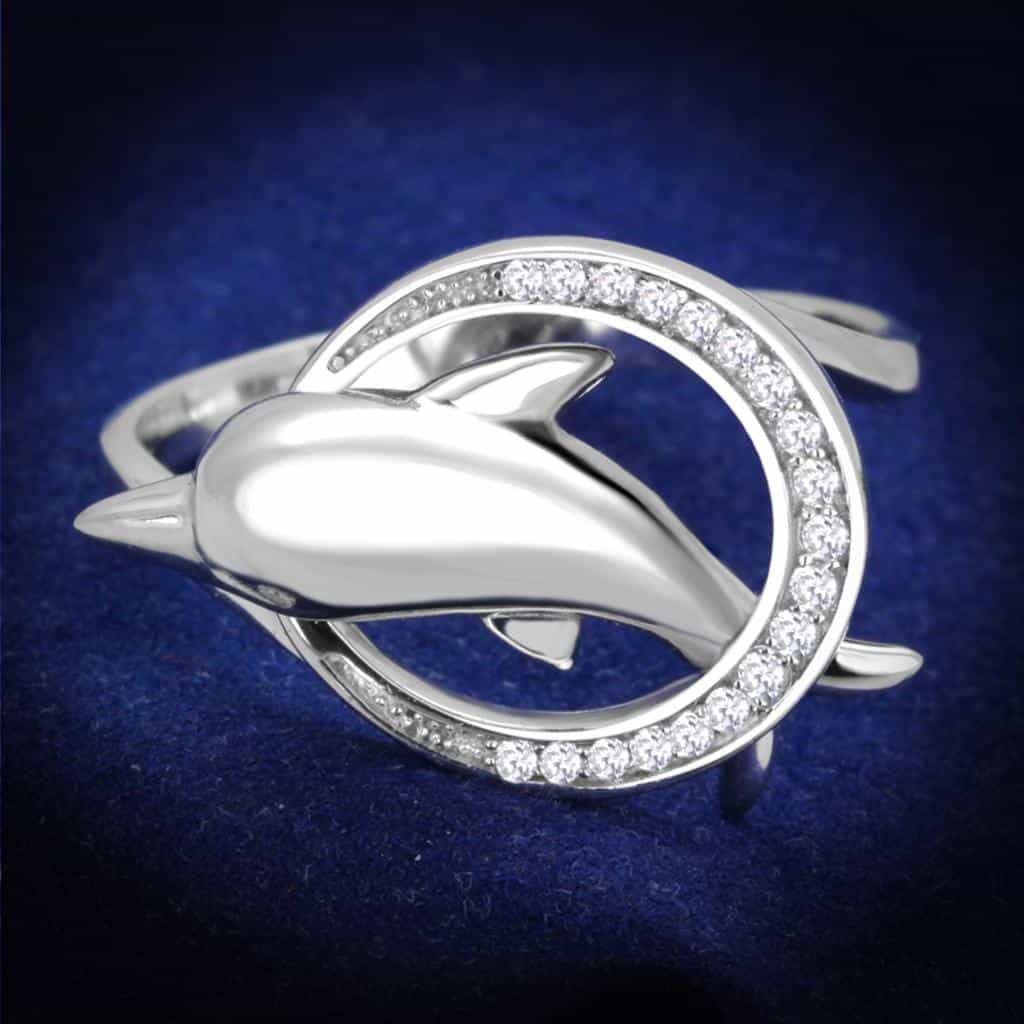Sterling Silver CZ Dolphin Wrap Pave Circle Ring view 6