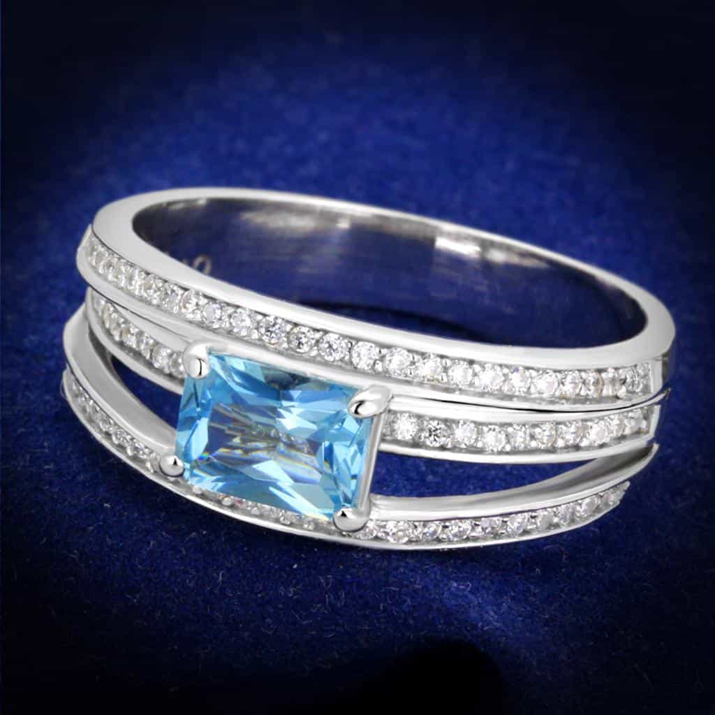 Sterling Silver Blue Topaz Princess Double Band Pave Bridal Ring view 1