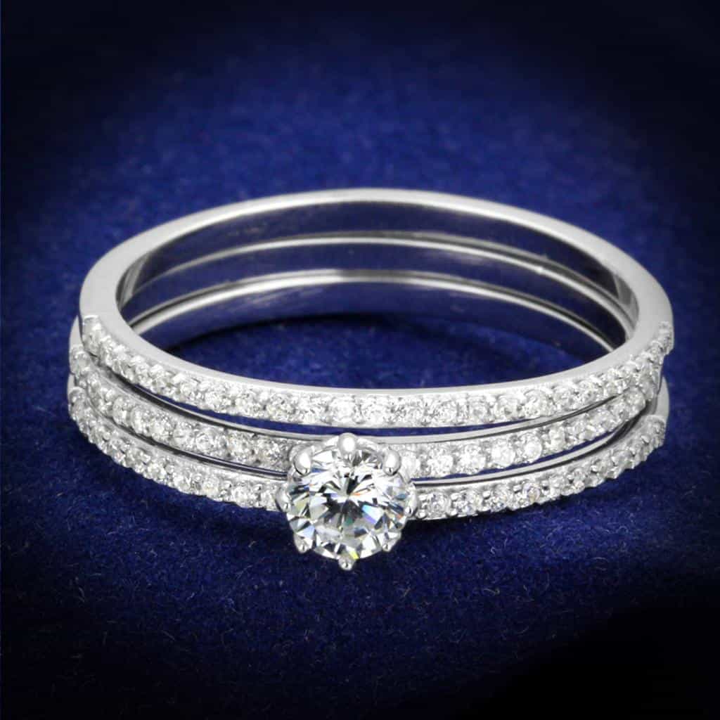 Sterling Silver CZ Round Solitaire Pave Double Band Bridal Ring view 1