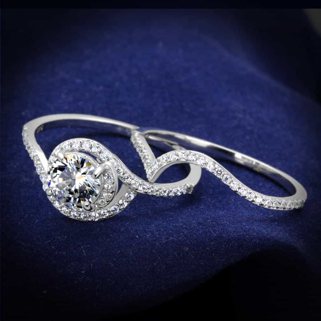 Sterling Silver CZ Round Halo Swirl Bypass Bridal Set Ring view 1