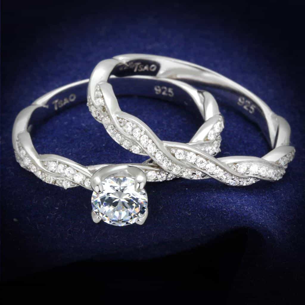 Sterling Silver CZ Round Solitaire Twisted Pave Ring view 1