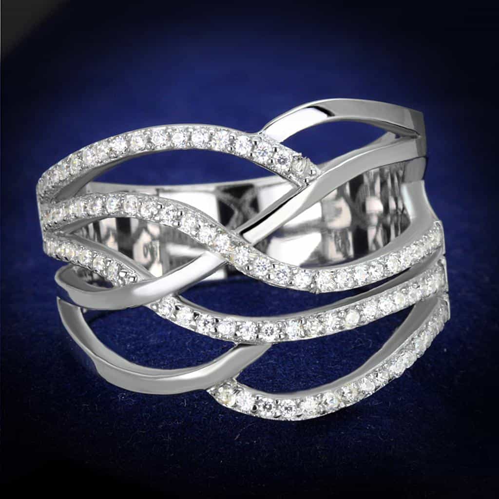 Sterling Silver CZ Pave Woven X Crossover Hammered Wide Ring view 6
