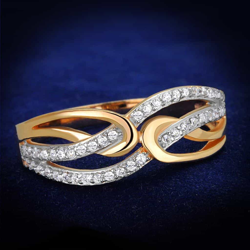 Sterling Silver Rose Gold CZ Pave Double Loop Link Ring view 1