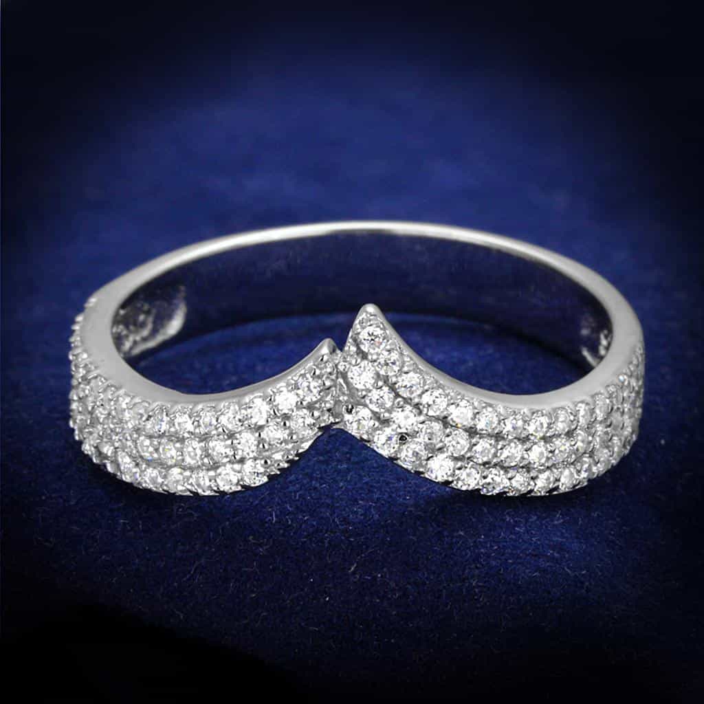 Sterling Silver CZ Pave Crown V Chevron Double Ring view 1