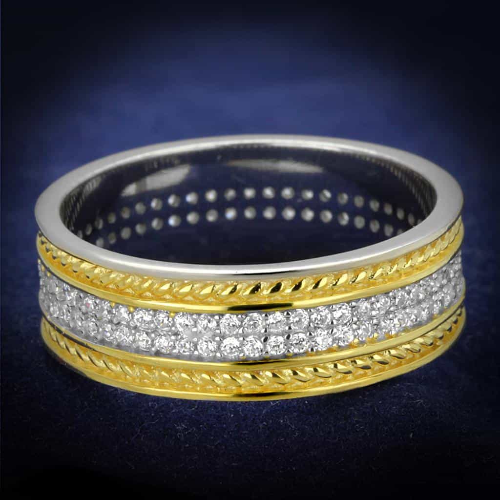 Sterling Silver Gold Two Tone CZ Pave Rope Edge Eternity Ring view 1