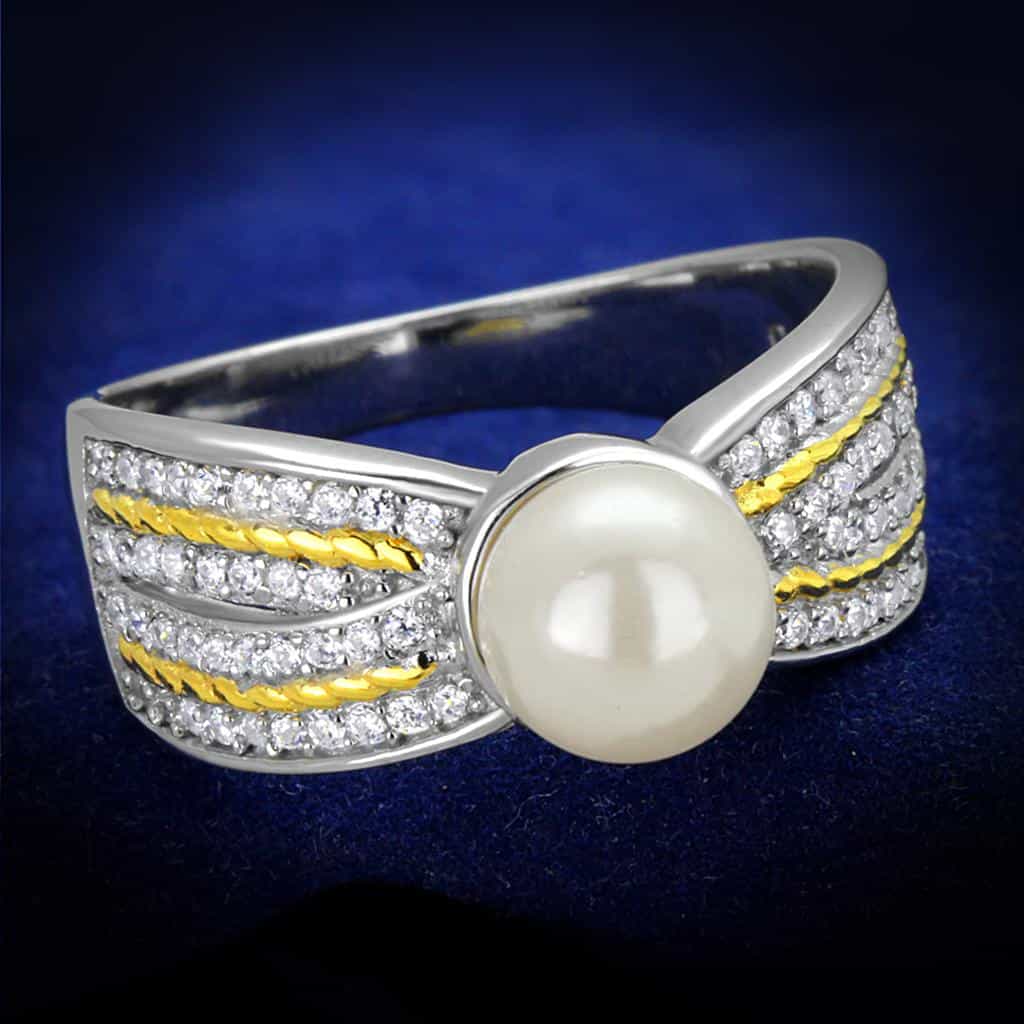 Sterling Silver Gold Two Tone Pearl CZ Pave X Row Ring view 1