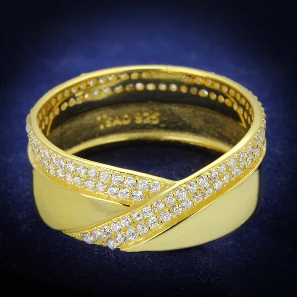 Sterling Silver Gold Two Tone CZ Pave Crossover Wide Band Ring view 6