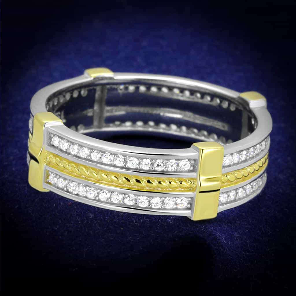 Sterling Silver Gold Two Tone CZ Triple Row Channel Wide Ring view 1
