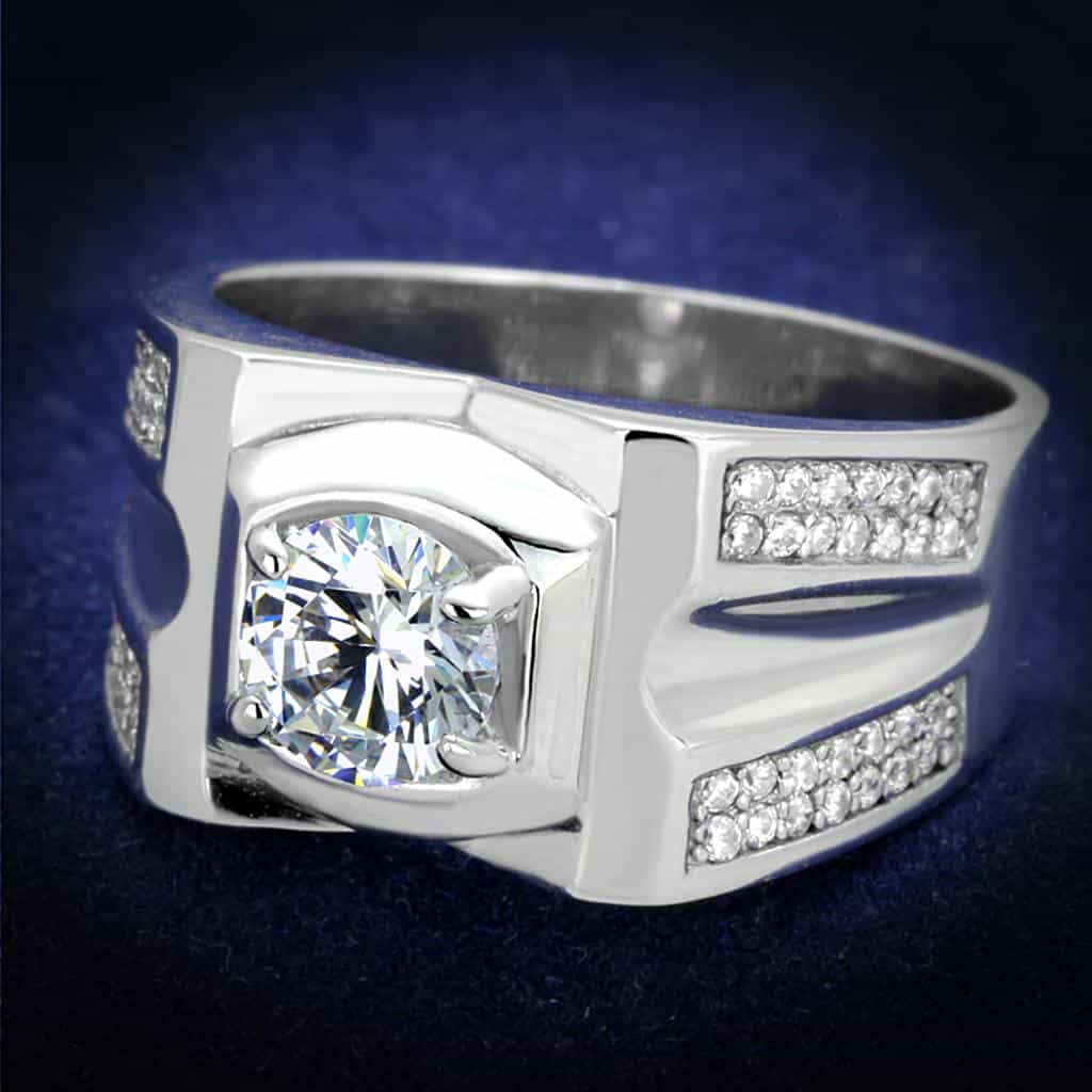 Sterling Silver CZ Round Bezel Halo Geometric Wide Signet Ring view 1