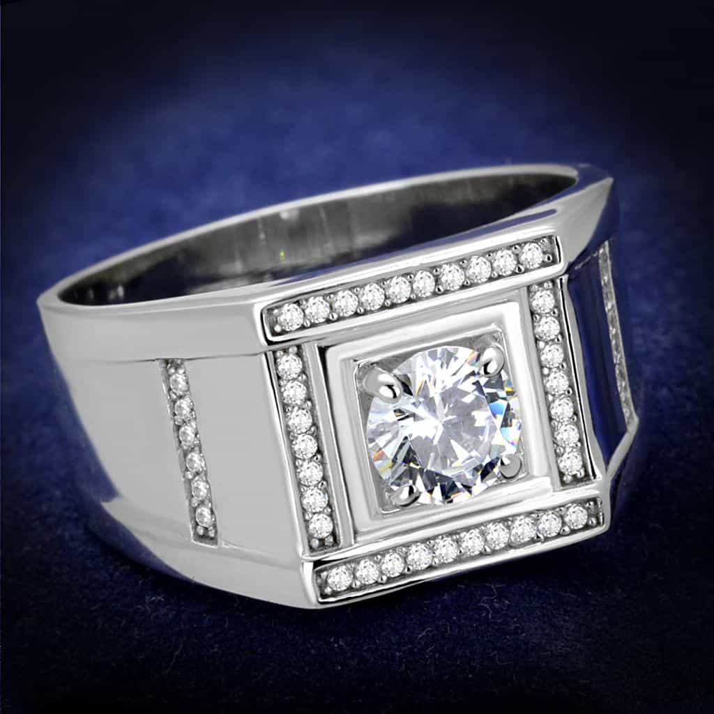 Sterling Silver CZ Round Square Bezel Halo Brick Signet Ring view 1