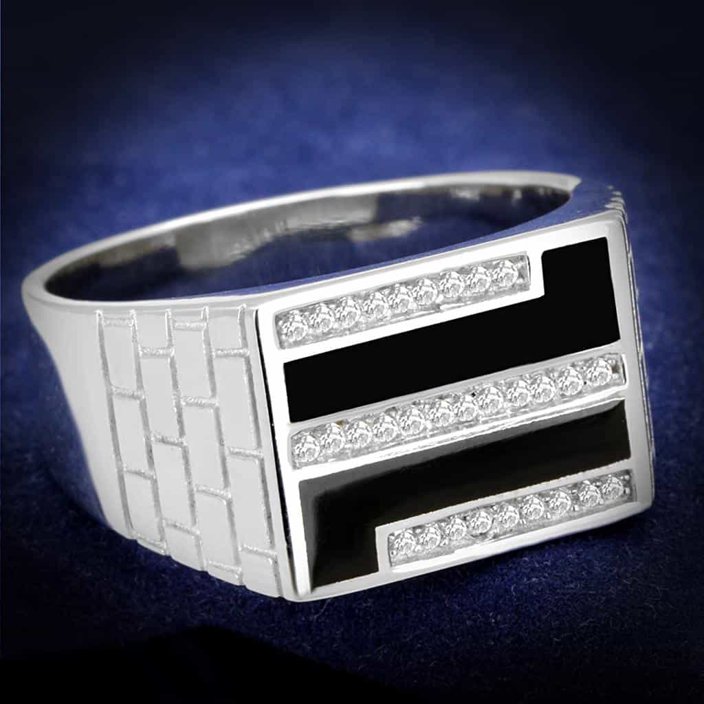 Sterling Silver Black Onyx CZ Double Bar Brick Signet Ring view 1
