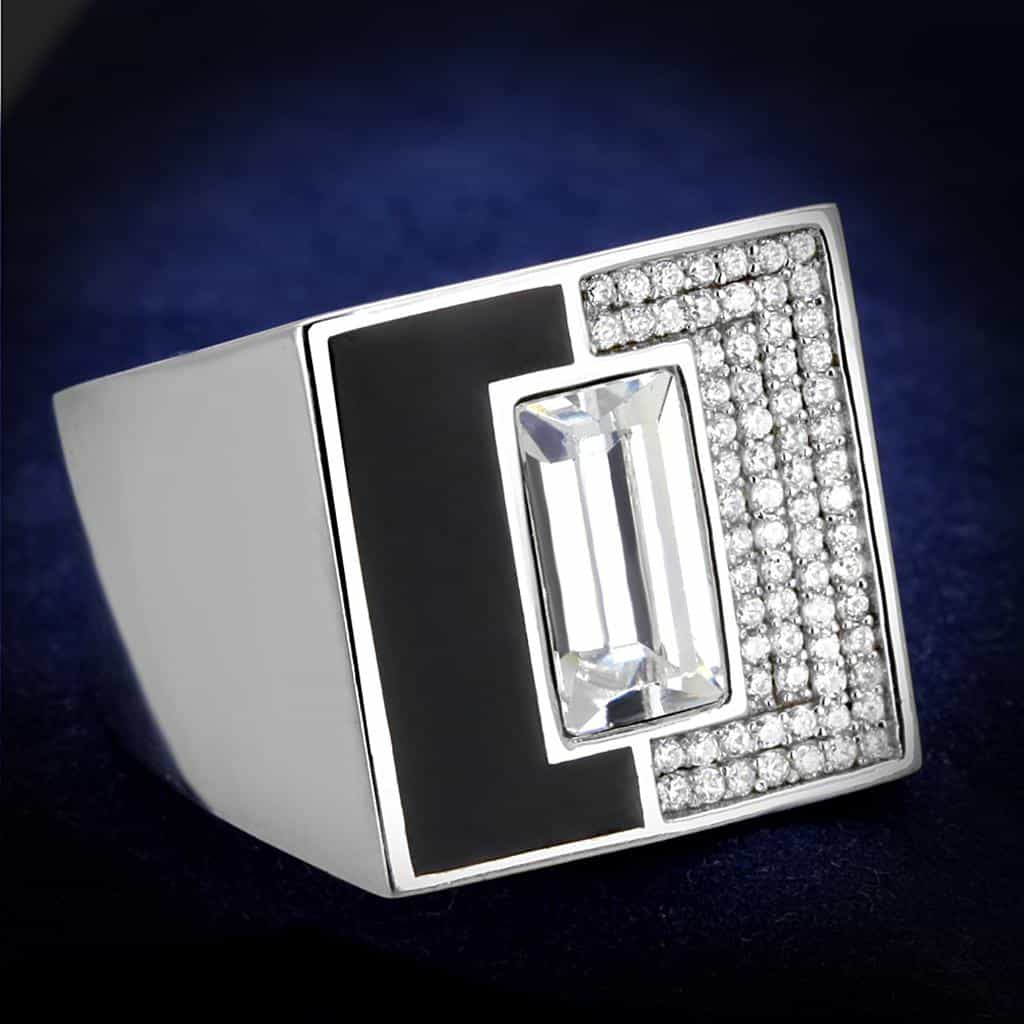 Sterling Silver Black Onyx CZ Baguette Pave Rectangle Signet Ring view 6