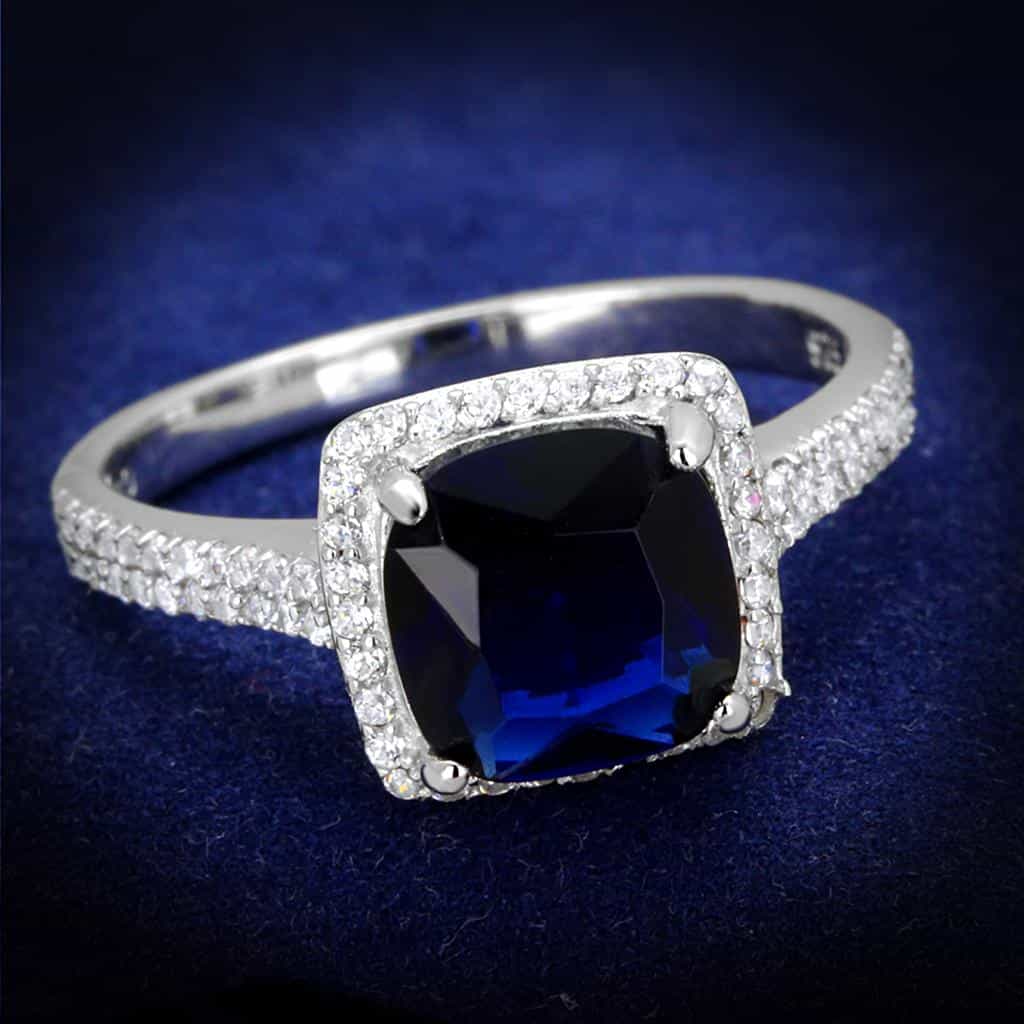Sterling Silver Blue Sapphire Cushion Large Halo Pave Ring view 1