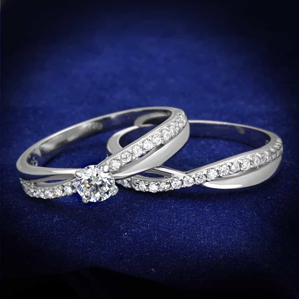 Sterling Silver CZ Round Solitaire Twisted Pave Bridal Set Ring view 1