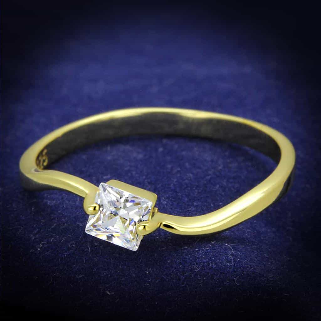 Sterling Silver Gold Two Tone CZ Princess Solitaire Thin Ring view 6