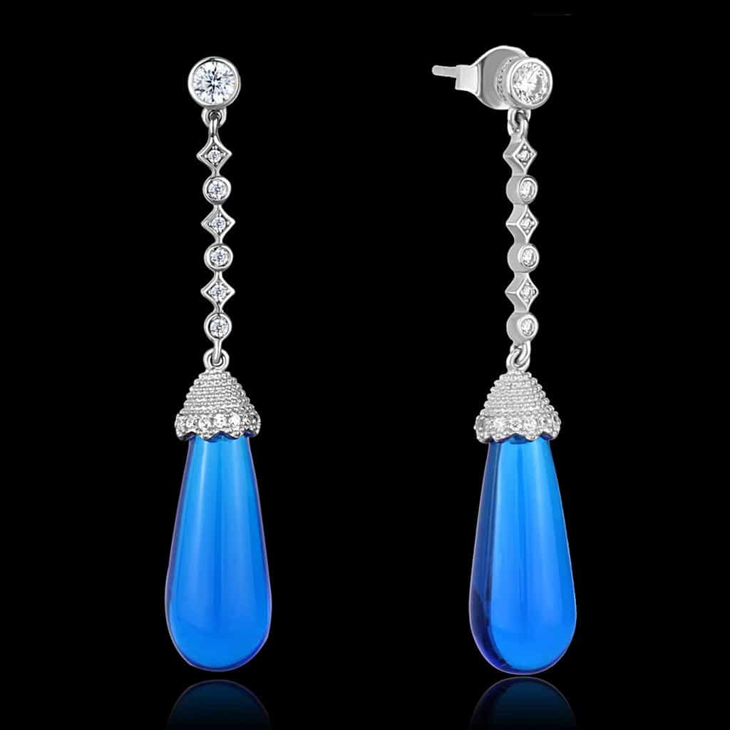 Sterling Silver Blue Chalcedony CZ Teardrop Long Drop Earrings view 1