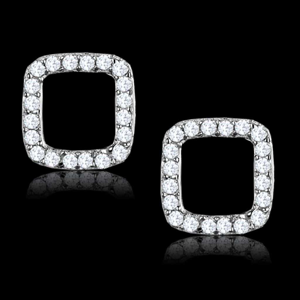 Sterling Silver CZ Pave Open Square Cushion Stud Earrings view 1
