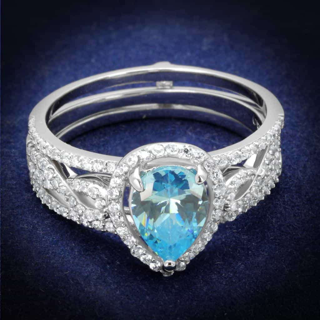 Sterling Silver Aqua CZ Oval Halo Split Shank Pave Bridal Ring view 1