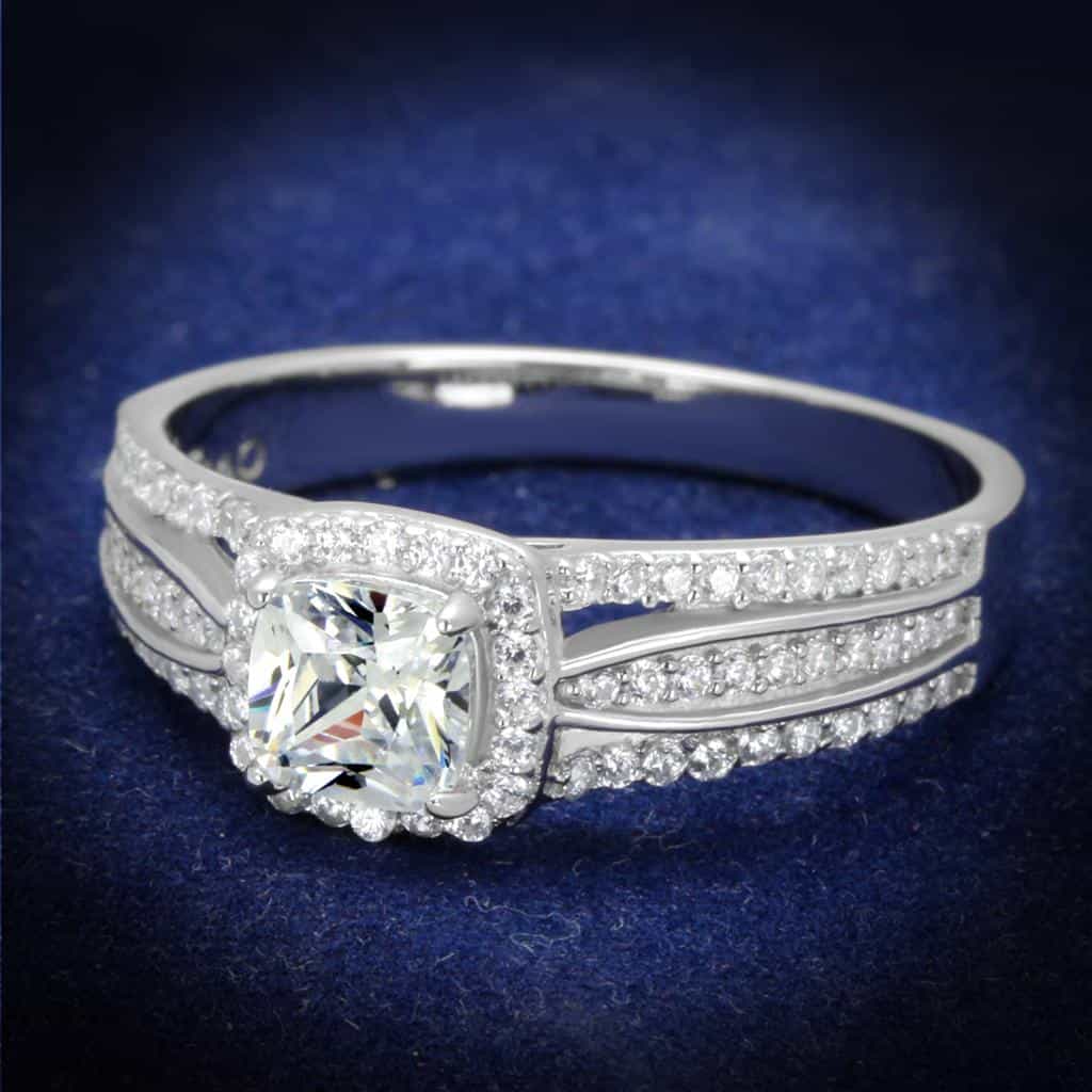 Sterling Silver CZ Cushion Halo Double Row Pave Ring view 1